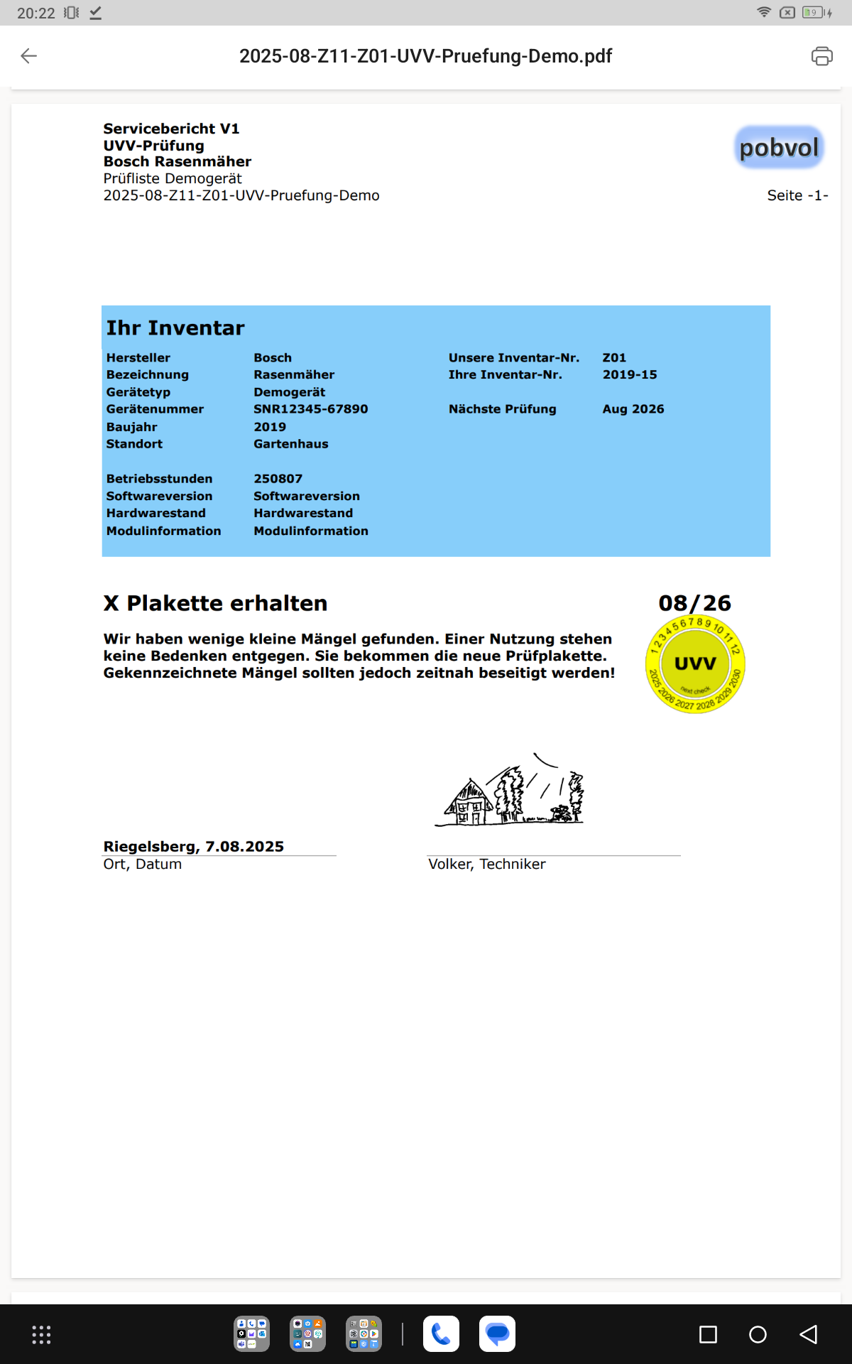 pobvol|pssService|Servicebericht|Seite 1 Inventar und abschliessende Bewertung